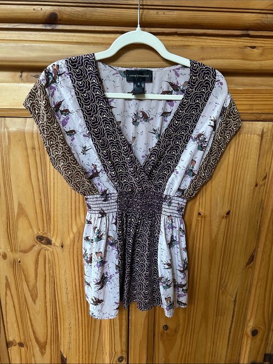 Corey Lynn Calter Tops - Corey Lynn Calter Thrush Song Silk Top‎ Whimsical Bird Print Elasticized Waist